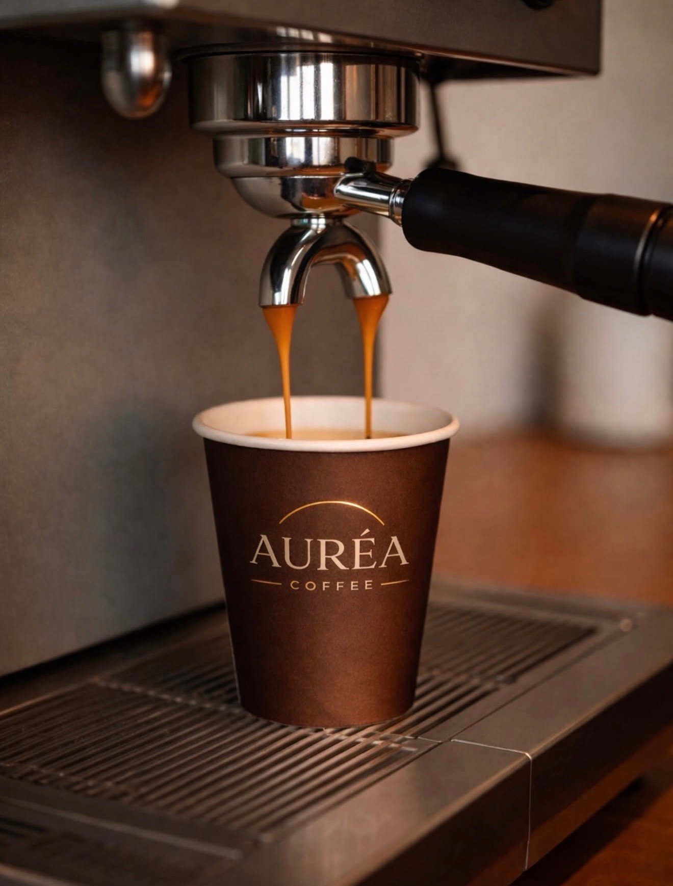 Café expresso sendo preparado em máquina profissional, servido em copo Auréa Coffee