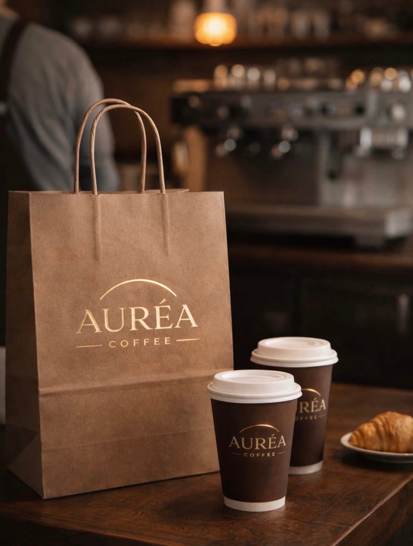 Sacola e copos da Auréa Coffee prontos para pedido, com croissant ao lado