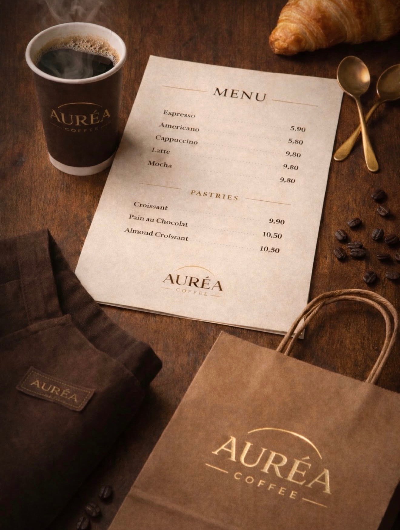 Composição da Auréa Coffee com café, croissant, grãos e menu sobre madeira escura
